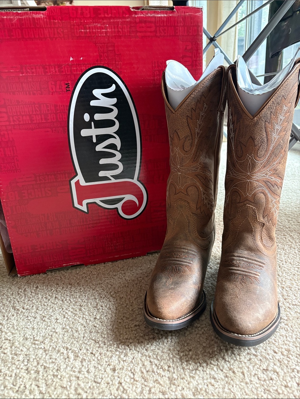 Justin Boots Brown Embroidered Leather Western Cowboy Boots